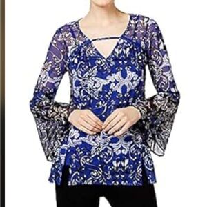 INC International Concepts Blue and White Patterned Blouse